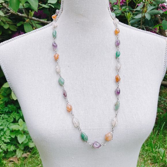 VTG Mid Century Gemstone Necklace Earring Set Screwback Multicolor Wire Wrapped - Picture 5 of 9